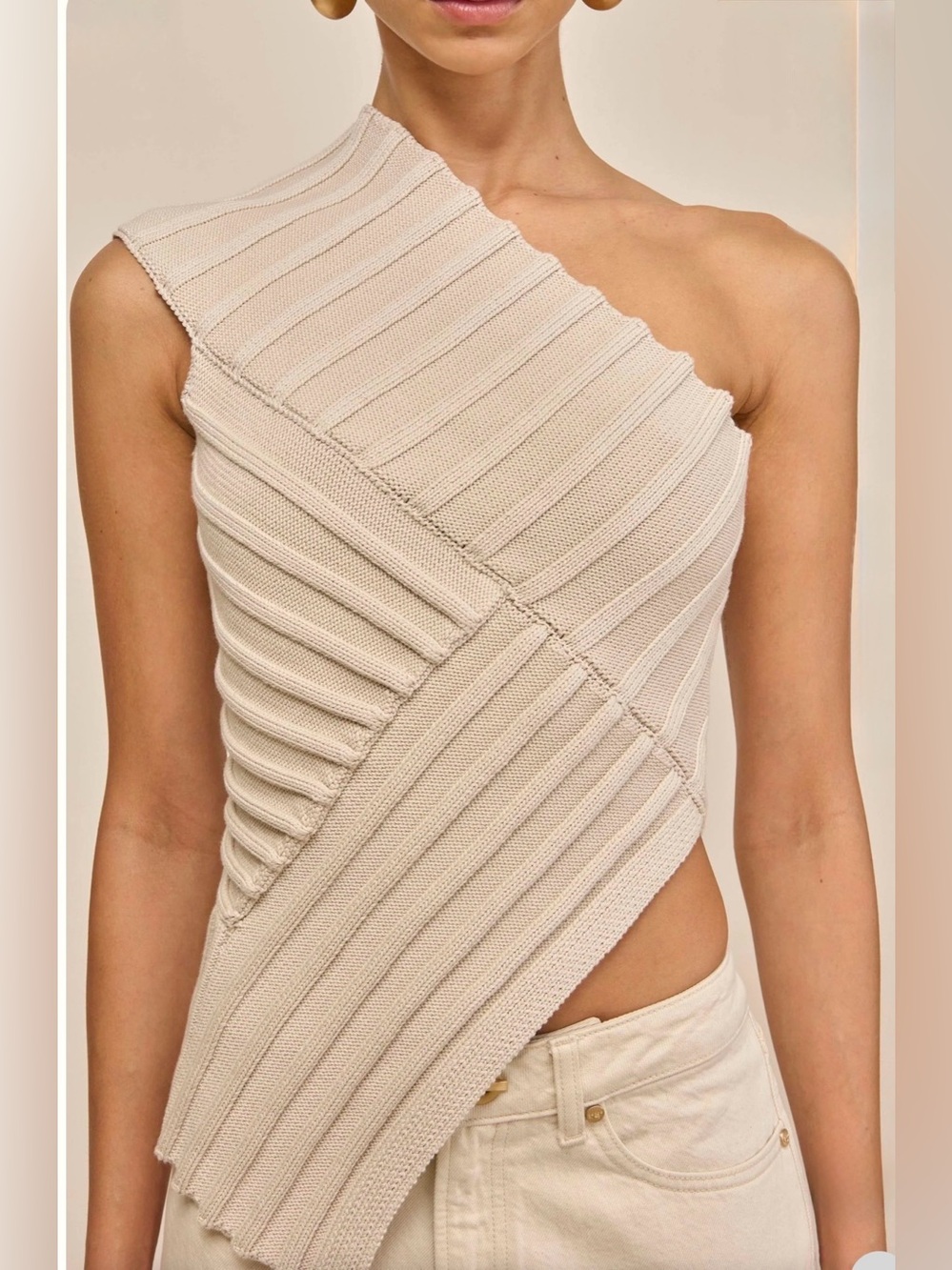 cult gaia One-Shoulder Asymmetrical Knit Top in Cream